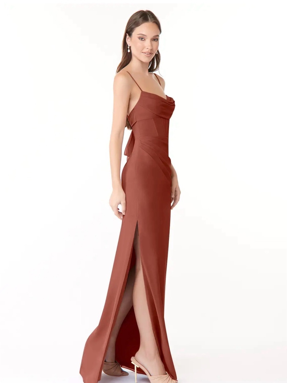 NWT Azazie Mai Bridesmaid Dress Gown Auburn 4 slit adjustable straps chiffon - Picture 2 of 14